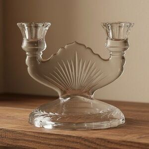Jeannette Glass 1930s Clear Glass Sunburst Herringbone Double Candle Holder